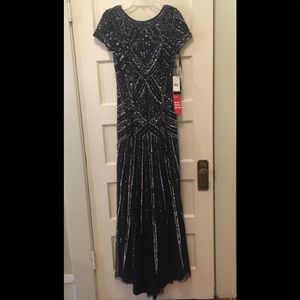 Adrianna Papell Geometric Beaded Gown. Navy Blue